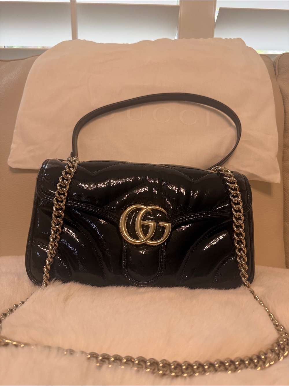 Gucci Black Patent Leather Marmont Shoulder Bag with Gold Hardware